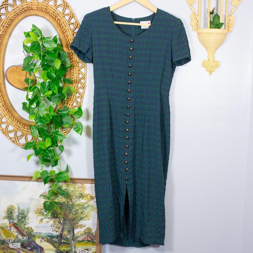VTG Green Plaid Button Front Midi Dress Front Slit Short Sleeve | Dark Autumn